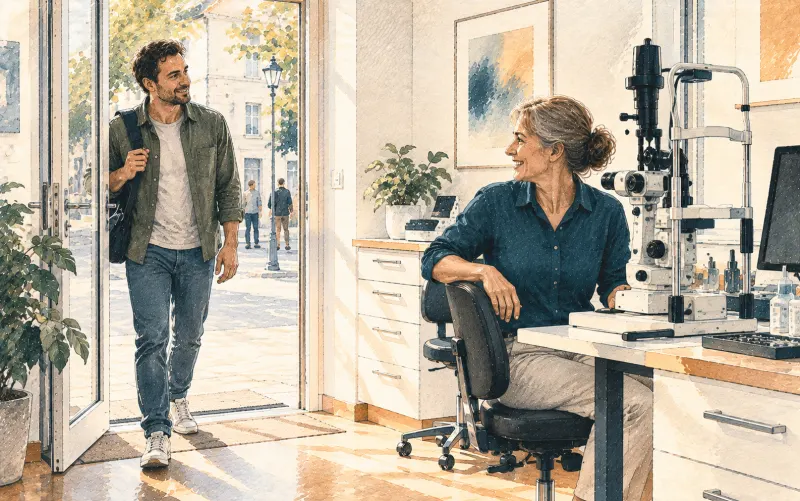 Ein Besucher betritt eine Praxis und wird von einer Optometristin begrüßt.