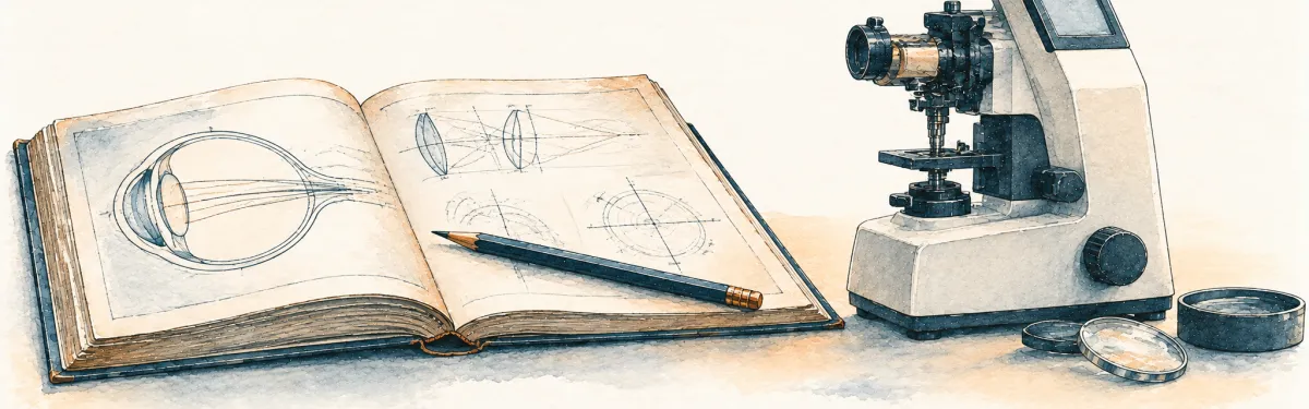 Ein aufgeschlagenes Fachbuch mit optischen Diagrammen, daneben ein Messgerät.